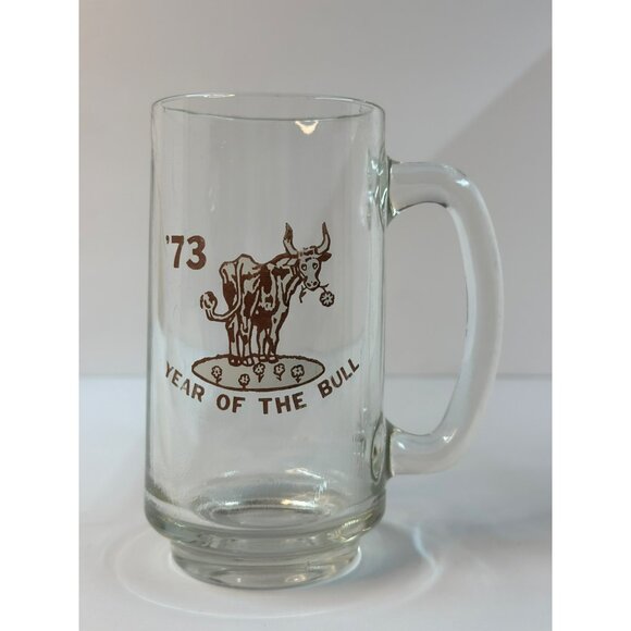 VTG 1973 Year of the Bull Glass Beer Mugs Set of 2 Zodiac Ox Collectible Steins - Picture 2 of 7
